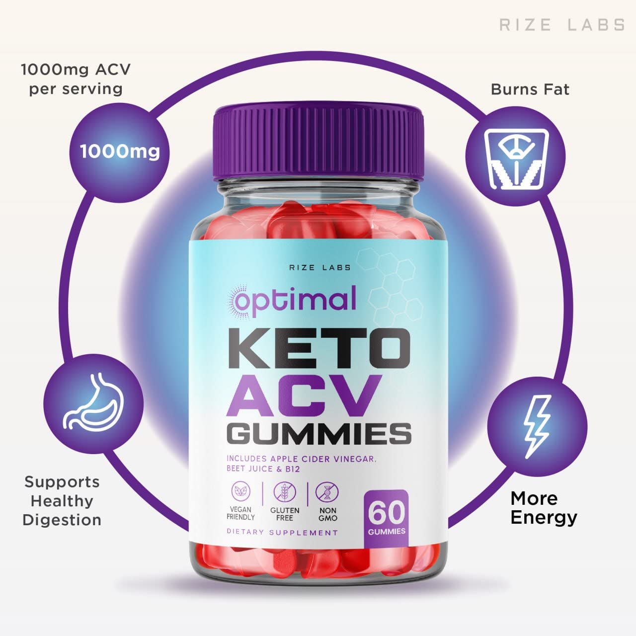 Rize Labs Optimal Keto ACV Gummies with Apple Cider Vinegar, Advanced Weight Loss Formula, Gluten Free and Non-GMO Supplement, Helps in Reducing Belly Fat, 180 Gummies