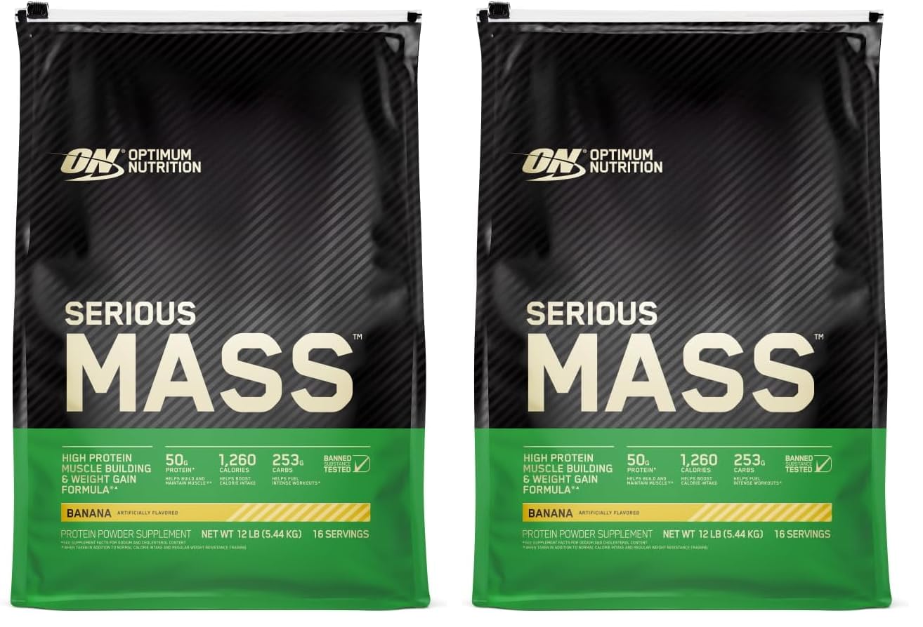 Optimum Nutrition Serious Mass Weight Gainer Protein Powder Banana, 12 Pound (Pack of 2), 384