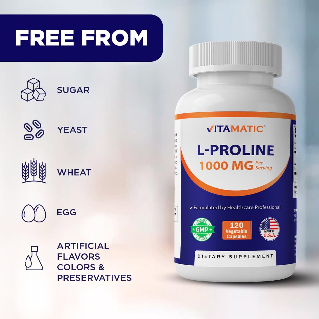 Vitamatic L-Proline 1000 mg Per Serving Free Form Amino Acid Supplement, Vegetarian Capsules, Non-GMO, Gluten Free, Made in USA, 120 Count