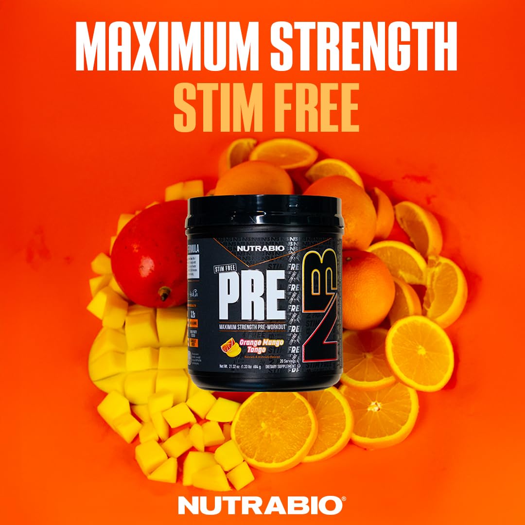 NutraBio STIM-Free PRE Workout for Men Powder, 20 Servings, Orange Mango