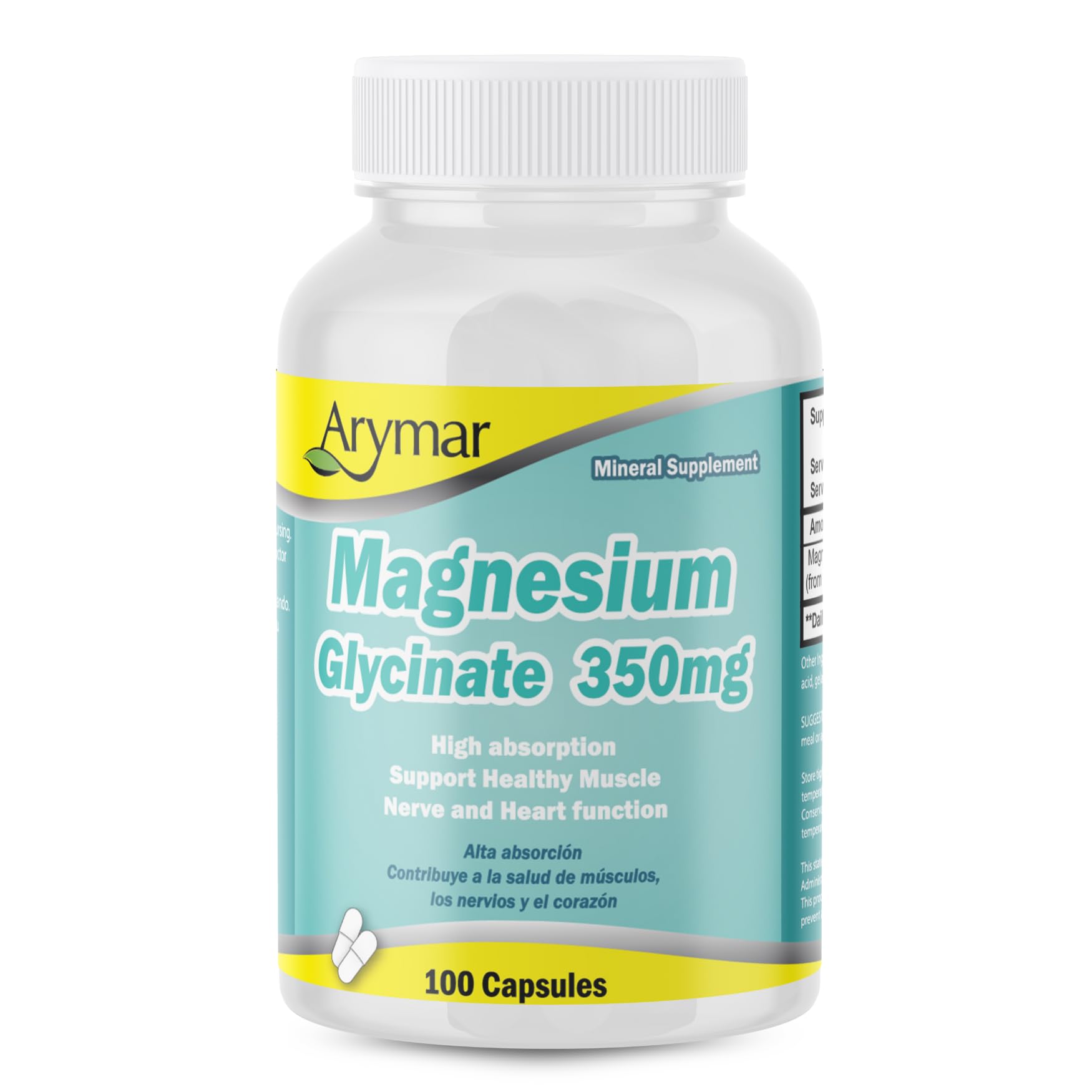 Arymar Magnesium Glycinate 350 mg Capsules, 100 Count