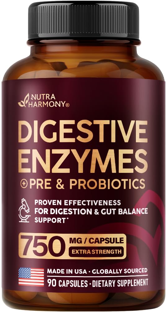 NUTRAHARMONY Digestive Enzymes for Women - Multi Digestive Enzymes with Papaya, Bromelain, Probiotic & Prebiotics - Gut & Digestion Support, 90 Capsules