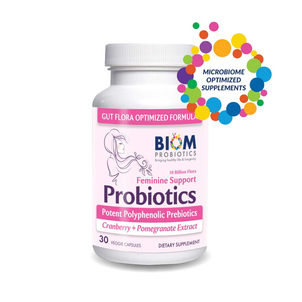 Biom Probiotics Complete Feminine Balance Women's Daily Probiotics + Prebiotics with Organic Cranberry & Pomegranate with Lactobacillus crispatus, Gluten & Dairy-Free, 30 Capsules