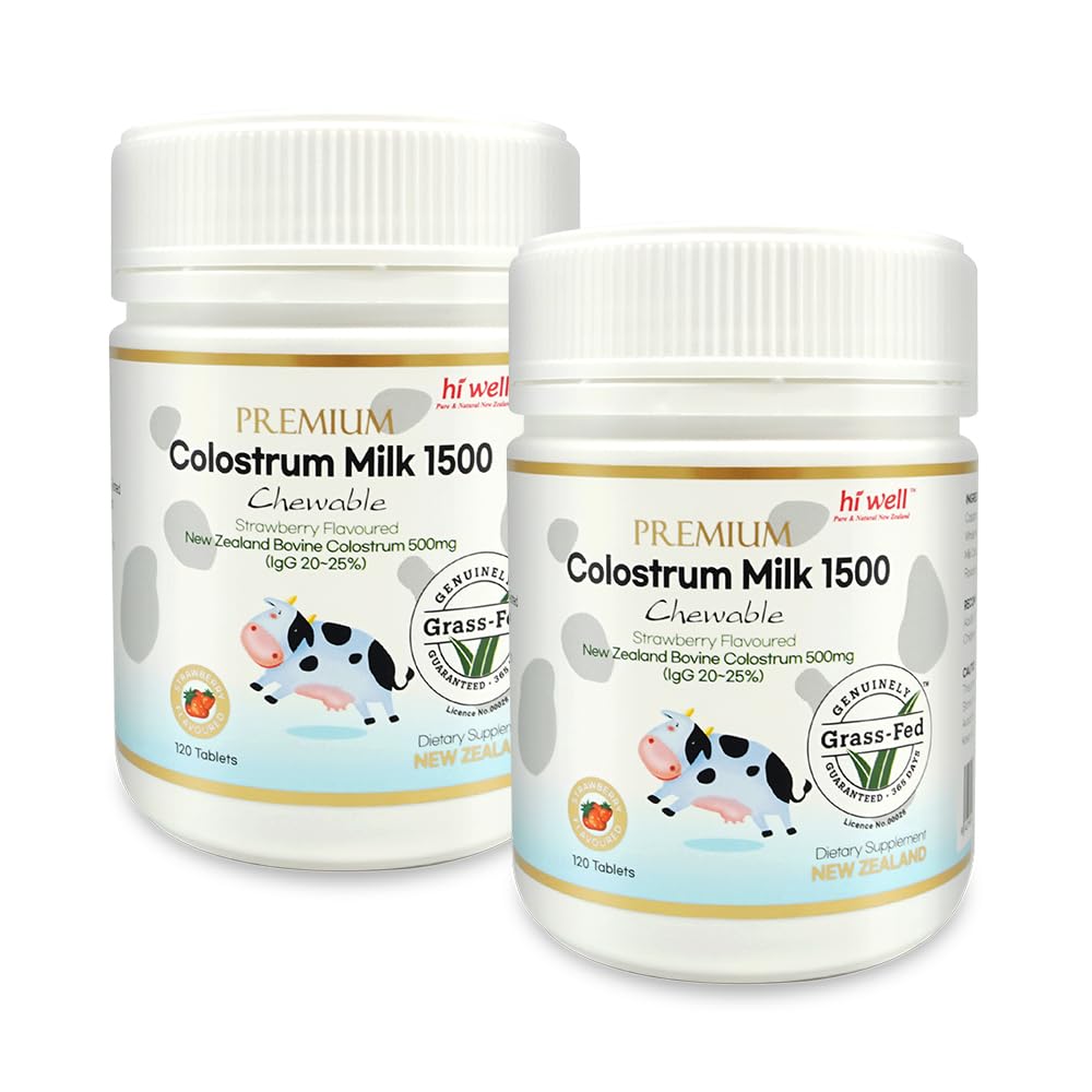 Hi Well Pure & Natural New Zealand Premium Grass-Fed Colostrum 1500 Chewable, 240 Count