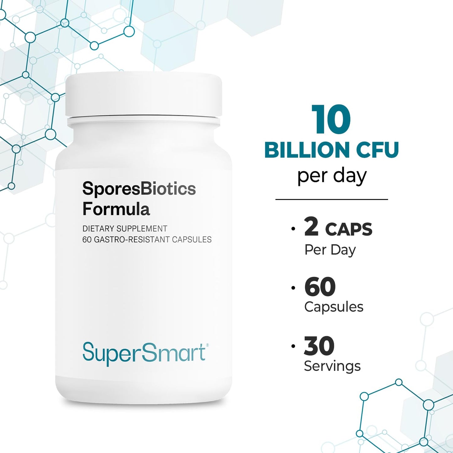 Supersmart SporesBiotics Formula (Advanced Complex) - 3-in-1 Spore-Based Probiotics with Bacillus Clausii, Subtilis, Coagulans, 60 Capsules