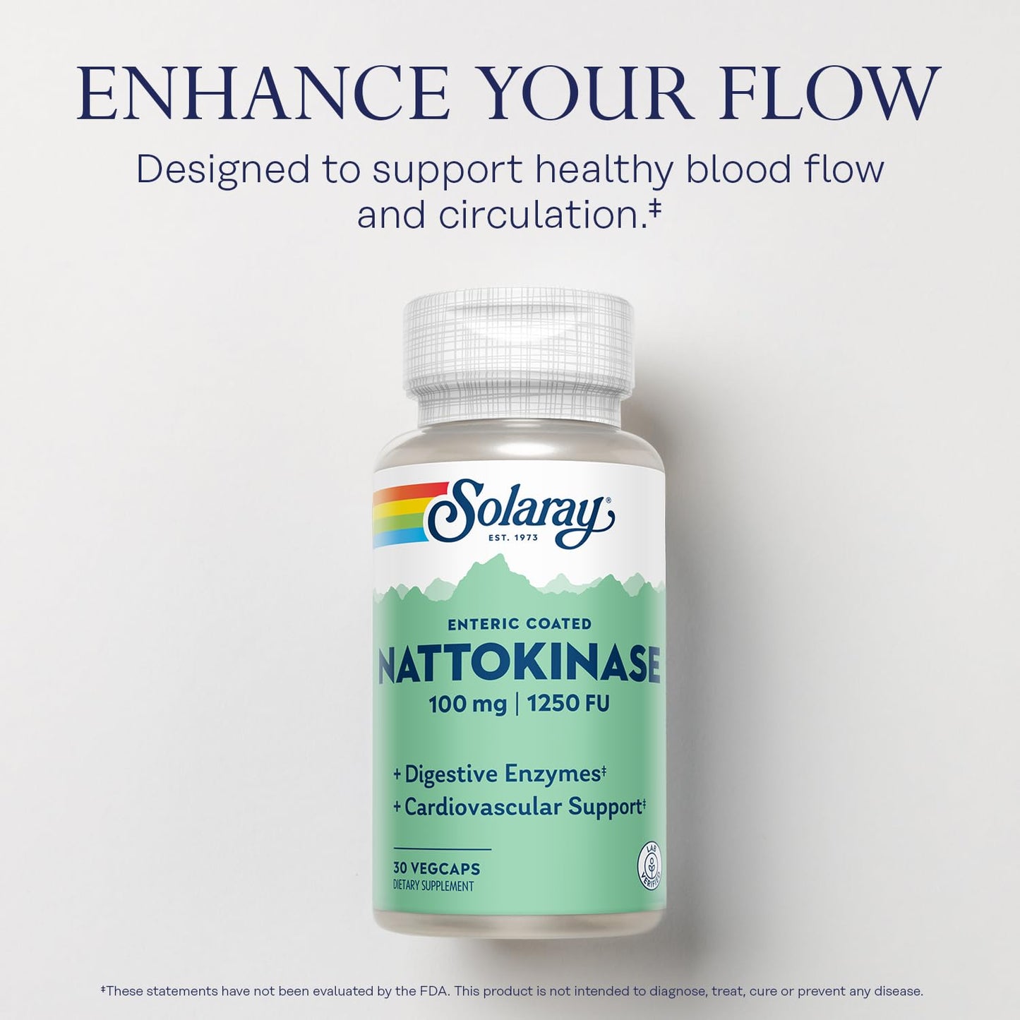 SOLARAY Nattokinase Supplement 1250 FU for Men & Women - Enteric Coated Nattokinase Capsules 100 mg, 30 Veg Caps