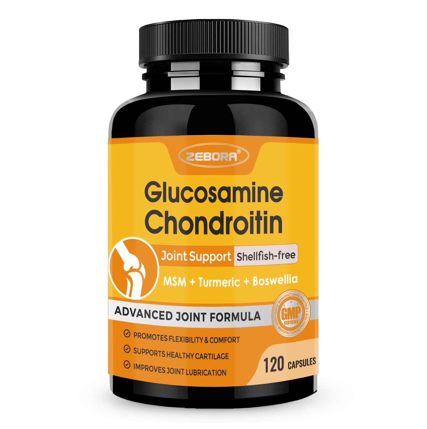 ZEBORA Glucosamine Chondroitin Joint Support Supplement Capsules with MSM Turmeric Shellfish-Free, 120 Capsules