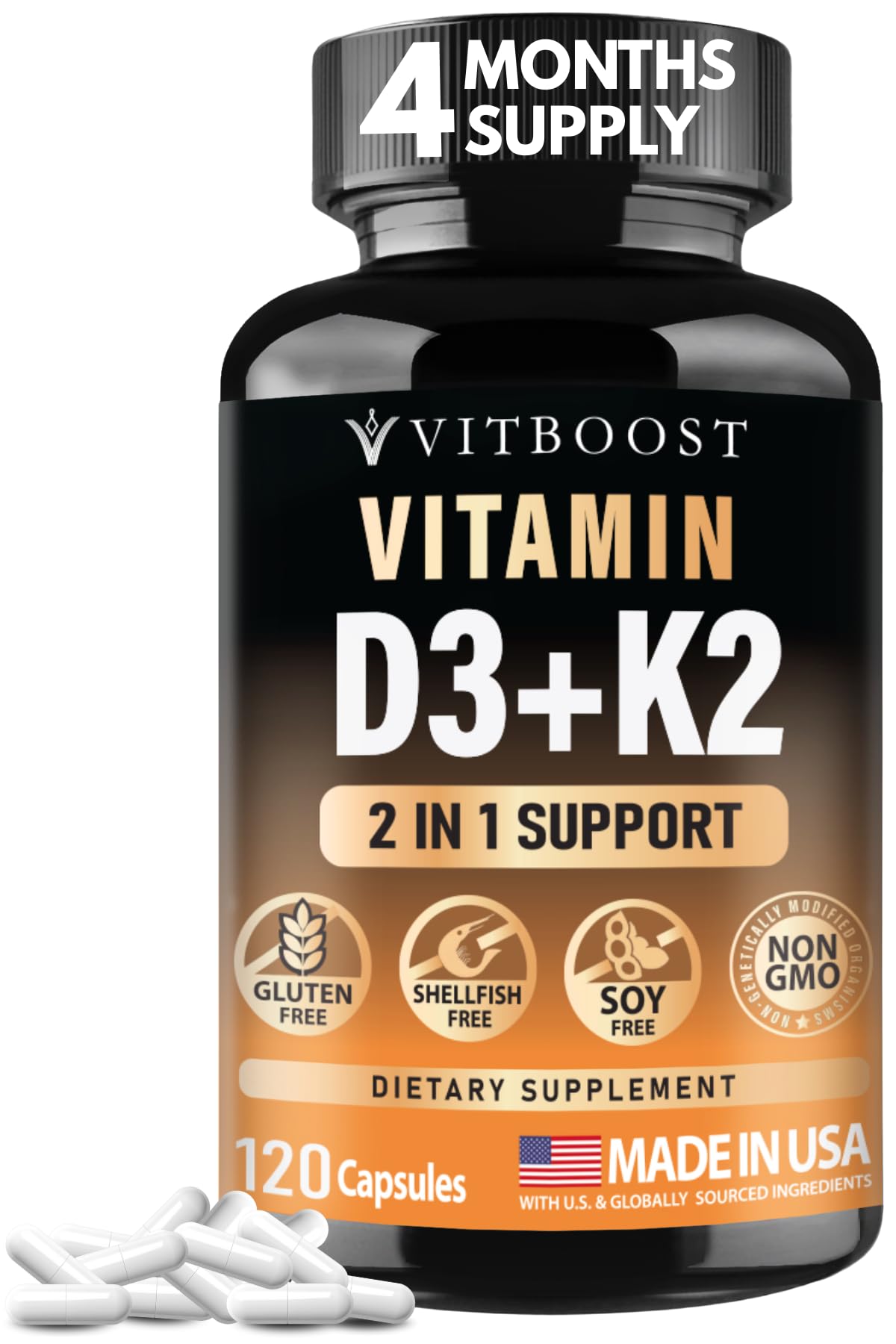 VITBOOST Vitamin D3 K2 Complex Capsules 120 Count