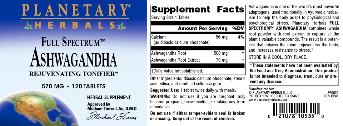 Planetary Herbals Ashwagandha Full Spectrum 570 mg Rejuvenating Tonifier 120 Tablets