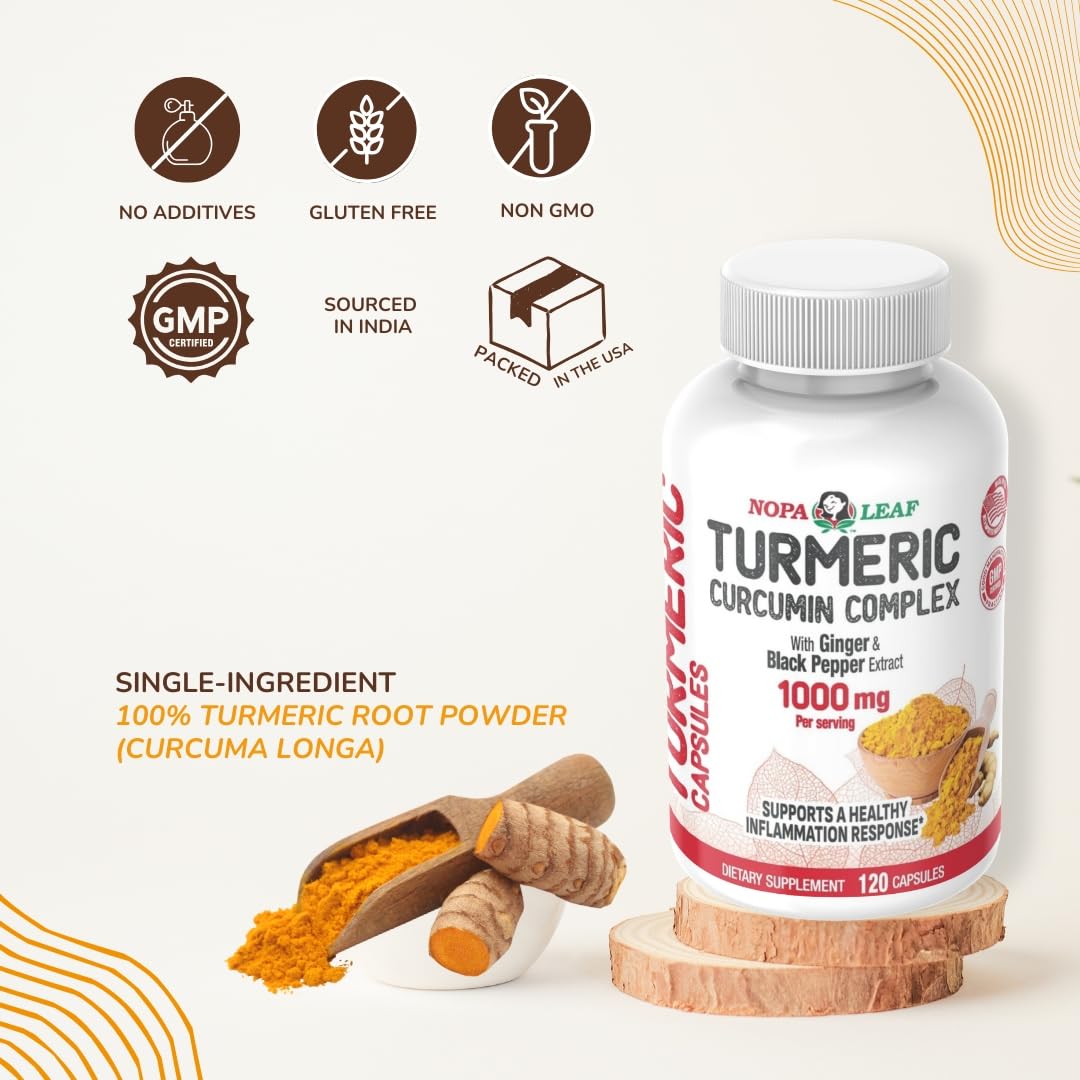 Nopalina Leaf Turmeric Curcumin Complex Capsules with Ginger & Black Pepper, 1000mg per Serving, 120 Capsules