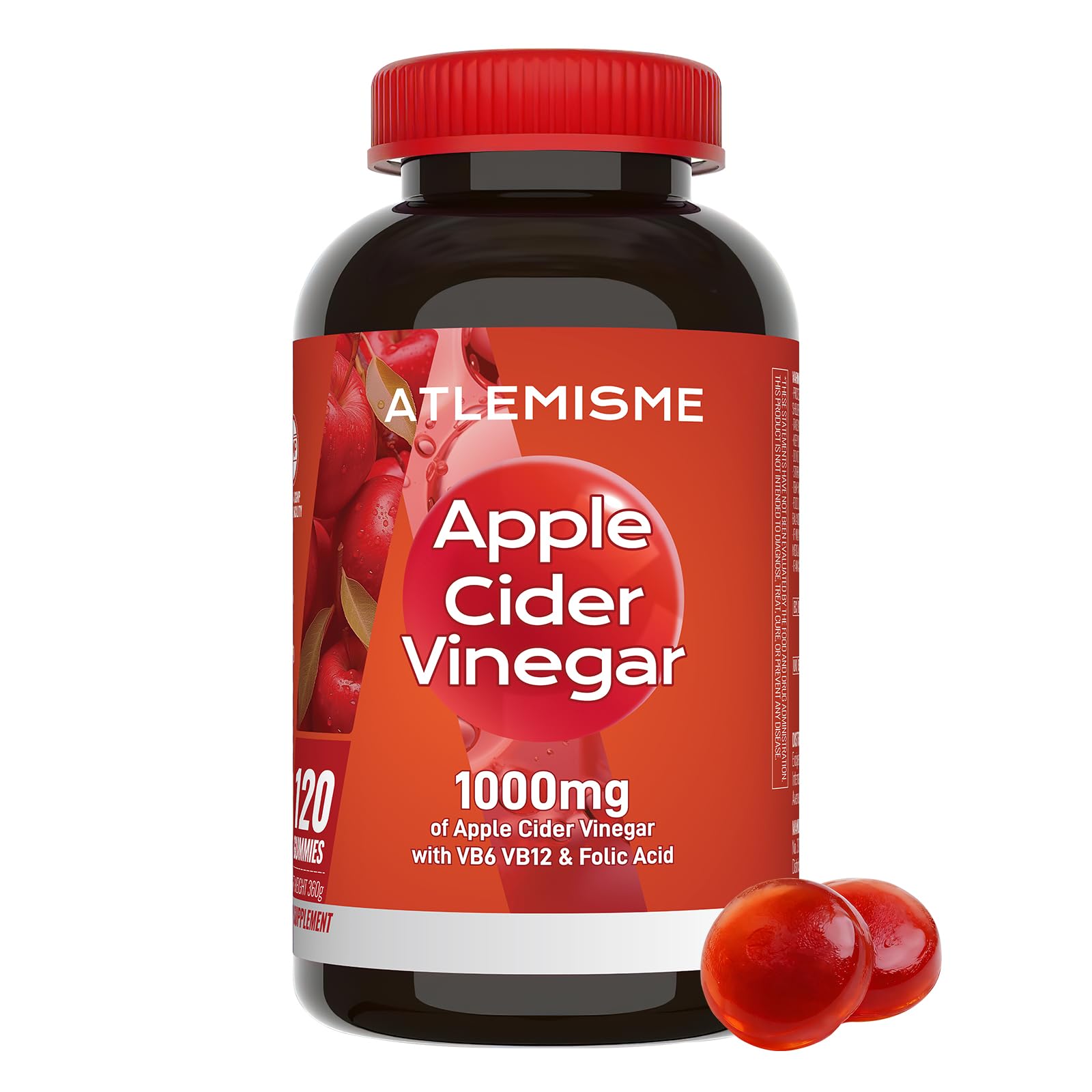 ATLEMISME Apple Cider Vinegar Gummies, 120 Count, Max Strength 1000mg with B Vitamins & Antioxidants, Supports Digestion, Metabolism & Immune Health, Vitamin B12, B6, Vegan, Non-GMO