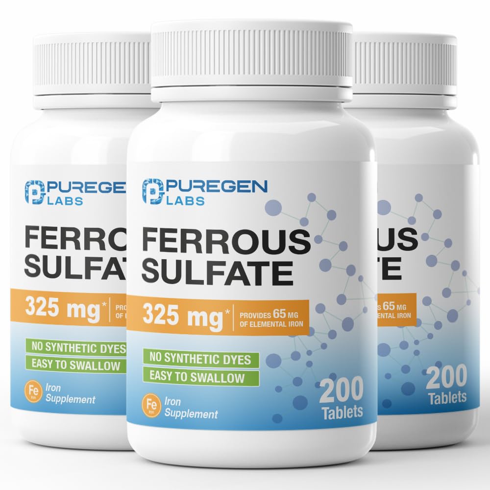 Puregen Labs Ferrous Sulfate 325 mg (65 mg Elemental Iron) High Potency Iron Supplement, 600 Tablets