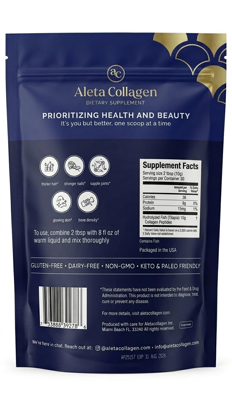 Aleta Collagen Kosher Marine Collagen OU Pareve 100% Hydrolyzed Marine Collagen Peptides Powder 10.6 oz