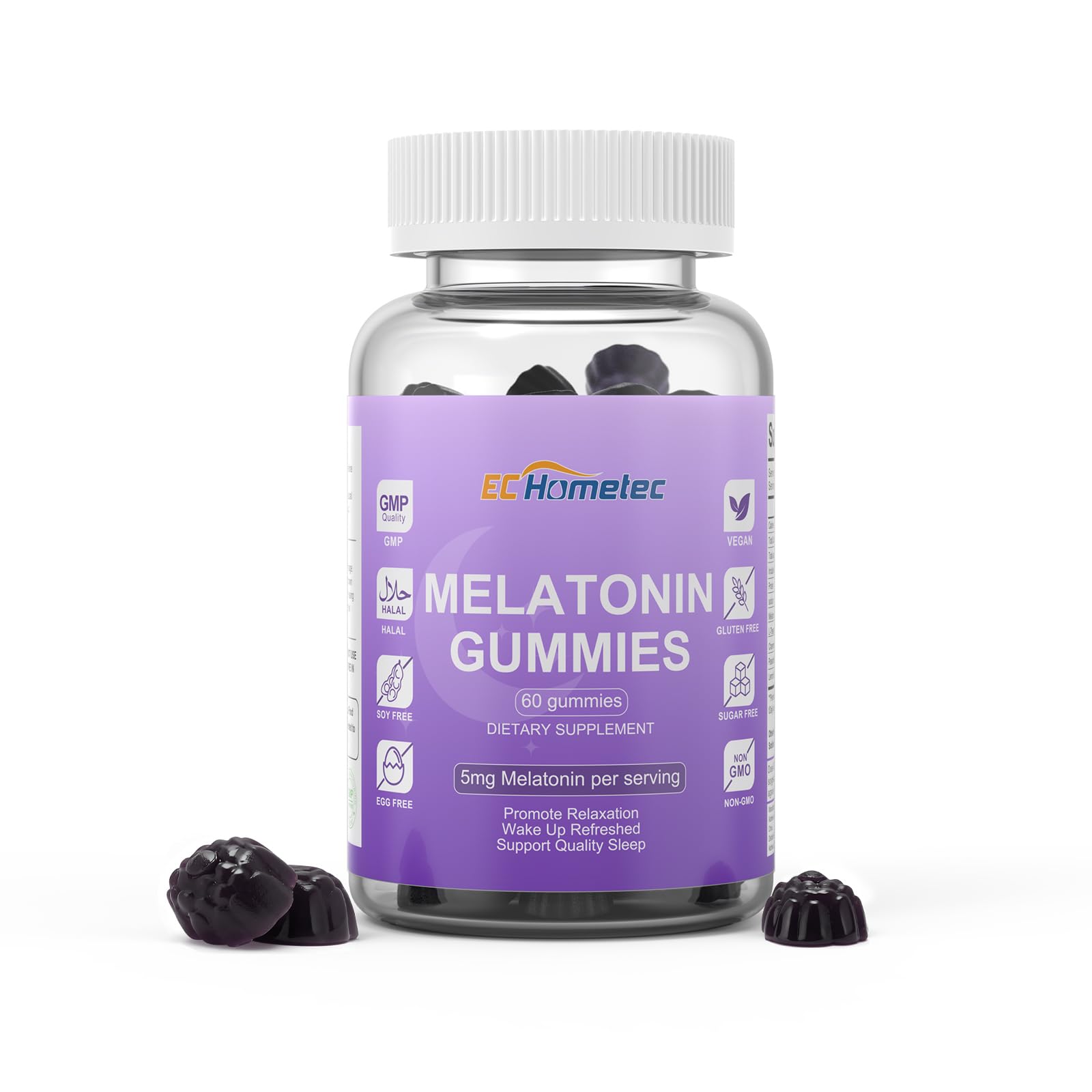 EC Hometec Melatonin Gummies 5mg Sugar-Free Sleep Support for Adults Mulberry Flavor, 60 Count