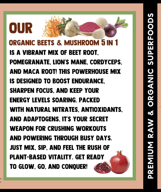 Chérie Sweet Heart Organic Beets & Mushroom 5 in 1 Powder, Beet Root & Mushroom Powder Supplement with Beetroot, Pomegranate, Cordyceps, Lions Mane, Maca, 8 oz