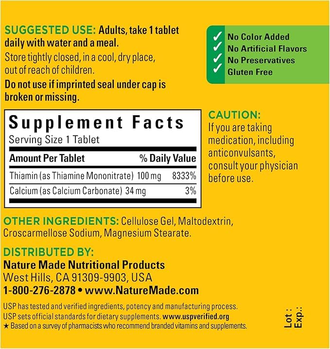 Nature Made Vitamin B1 100 mg Tablet, 99 Count