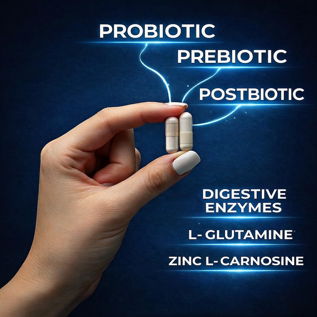 NUTRIVIBE LABS 6-in-1 Gut Health 70 Billion CFU Probiotics, Prebiotics, Postbiotics with Enzymes & L-Glutamine, Supports Digestive & Immune Health, Occasional Gas & Bloating, 60 Capsules