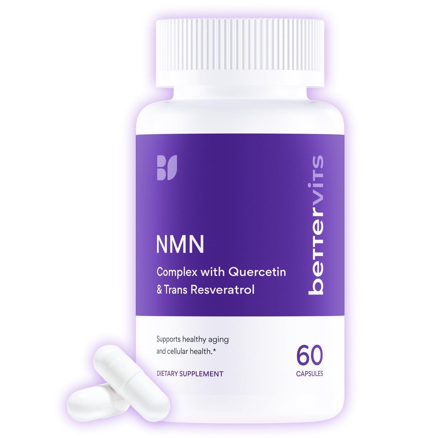 Bettervits NMN Supplement with Quercetin Powder NAD+ Resveratrol Support Formula for Cells Regeneration, Energy and Anti-Aging Support NAD Supplements for Women & Men, 60 Capsules