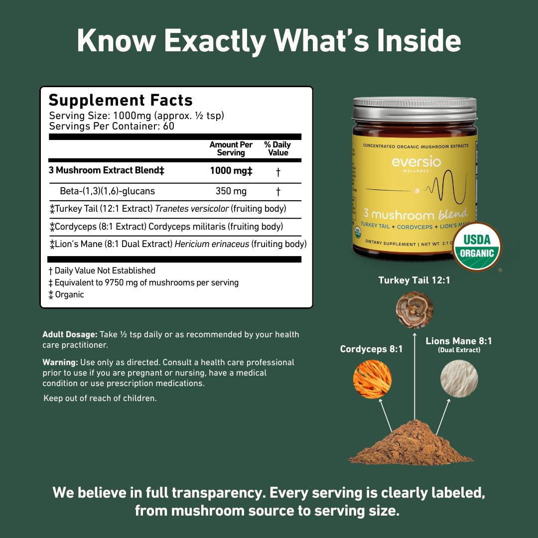 Eversio Wellness Organic 3 Mushroom Blend Complex Powder – Lion’s Mane, Cordyceps & Turkey Tail Fruiting Body Extract – Daily Wellness & Energy Support – 60 Servings