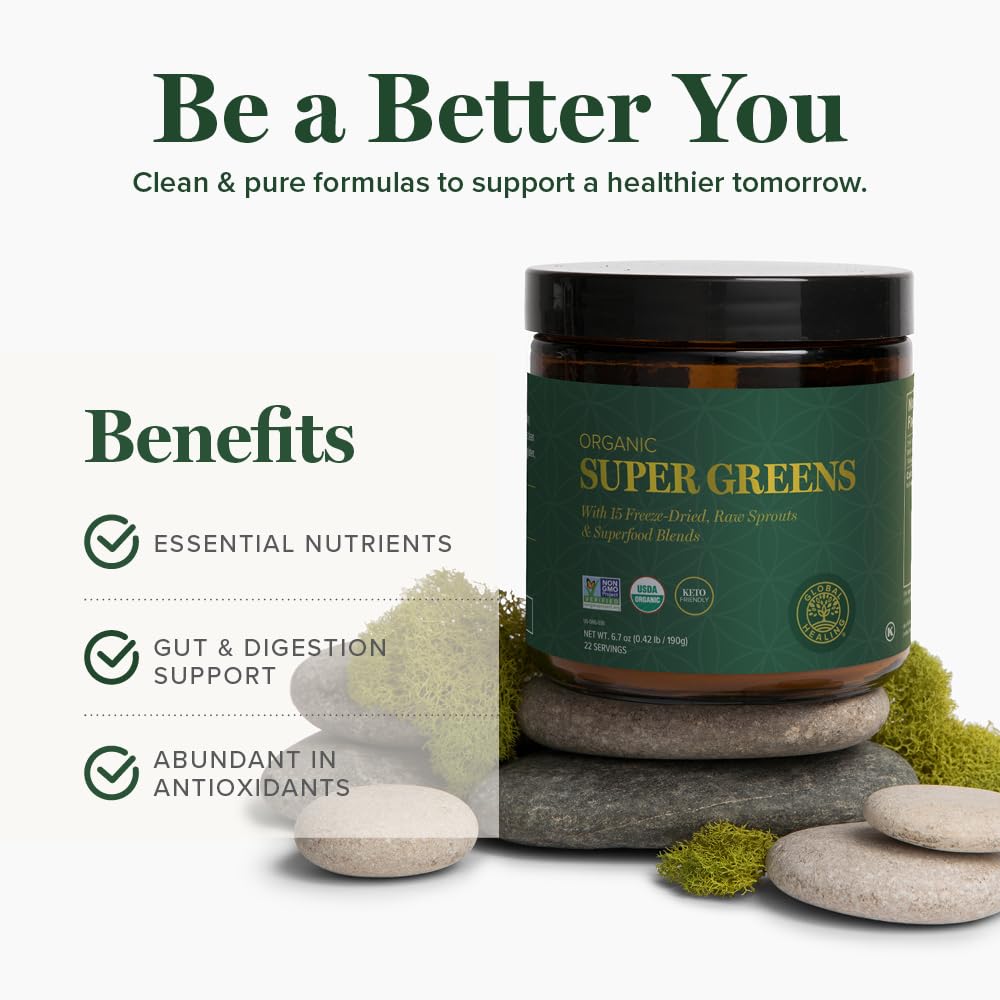 Global Healing Center Organic Super Greens Powder Blend - Greens Superfood Powder with 15 Raw Whole Sprouts, 9.5 Ounce