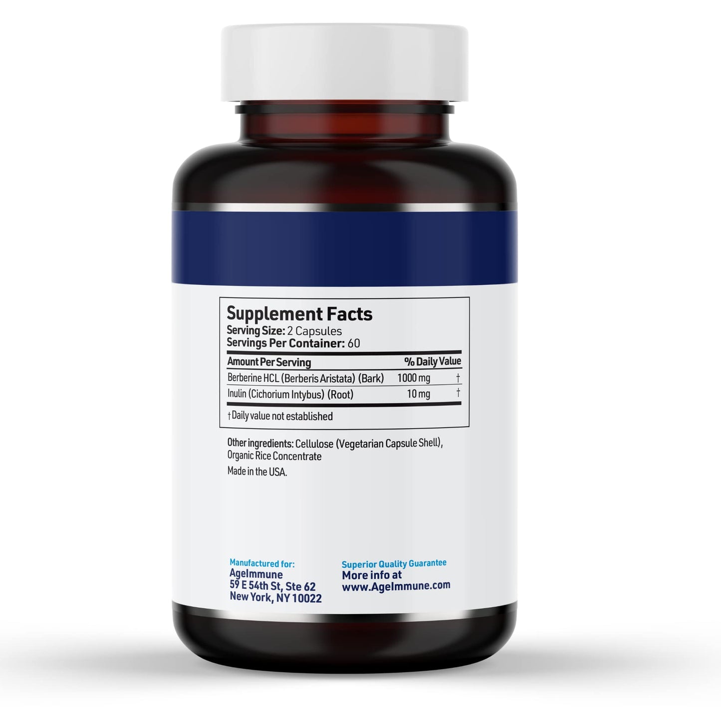 AgeImmune Berberine 1000mg Supplement Complex with Inulin Prebiotic Capsule 120 Count