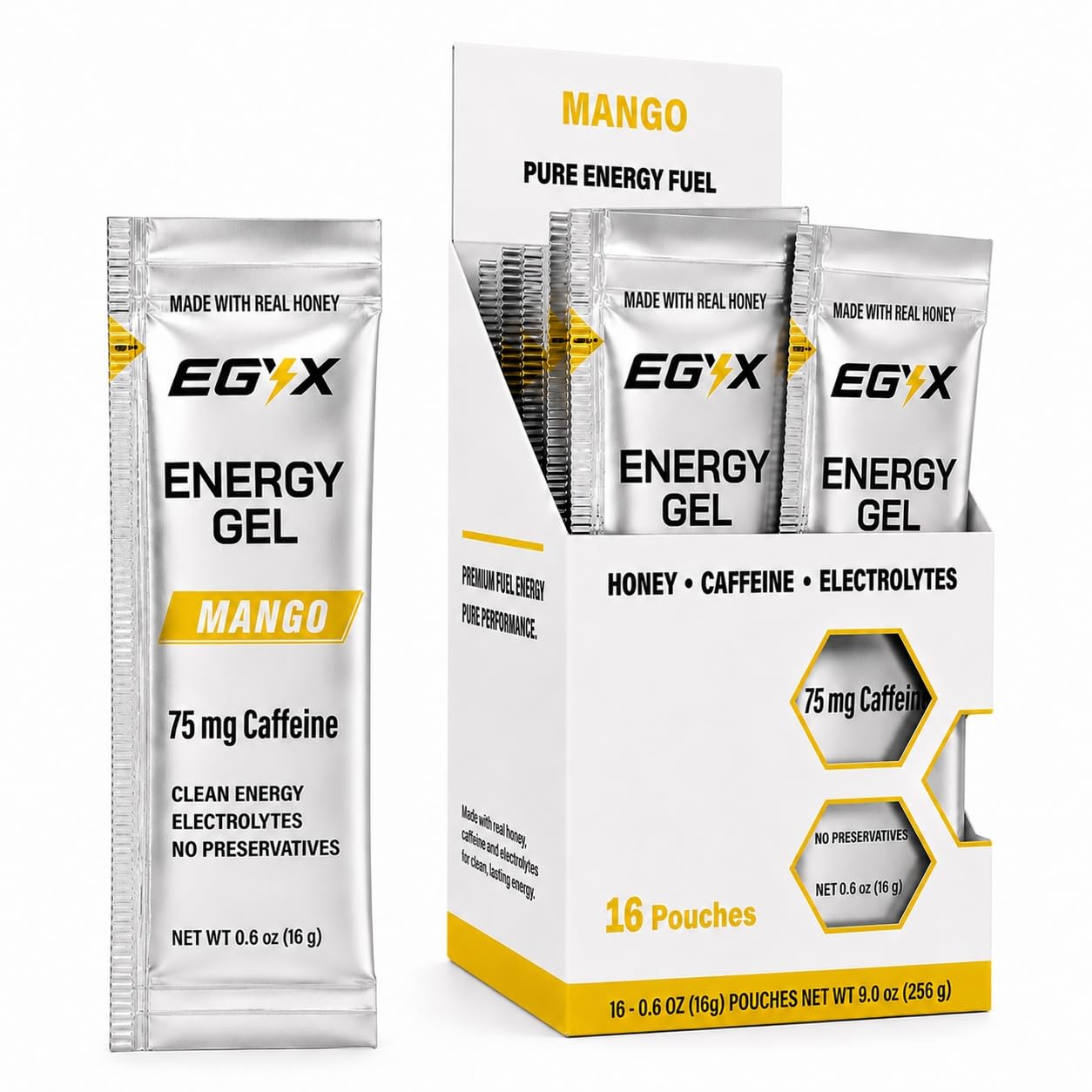 EGYX Caffeinated Honey-Based Energy Gel with Electrolytes Mango, 16 Gels