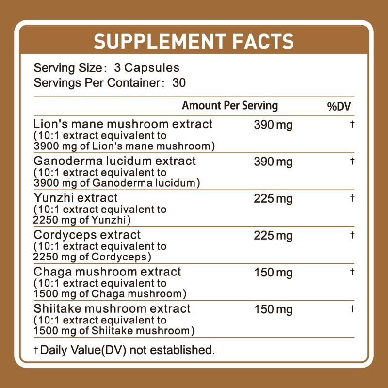 TrySafe 6-in-1 1530mg Organic Mushroom Complex Blend with Lion's Mane, Turkey Tail, Reishi, Cordyceps, Chaga, Shiitake for Memory, Focus & Clarity Support and Supports Natural Immune Defenses, 90 Capsules