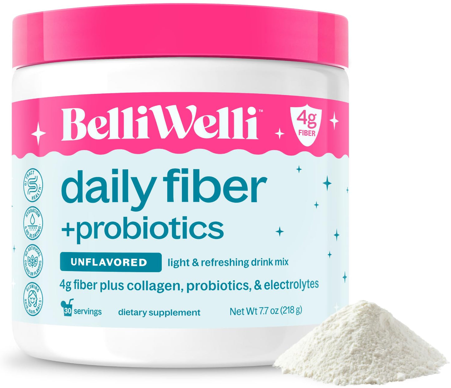 Belli Welli Unflavored Daily Fiber Supplement Powder with Collagen, Probiotics & Electrolytes, 30 Servings, 10.69 Ounce