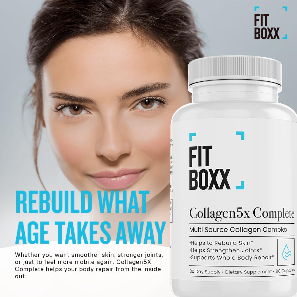 Fit Boxx Collagen5X Complete Multi-Source Collagen Types I, II, III, V & X Capsules, 90 Count