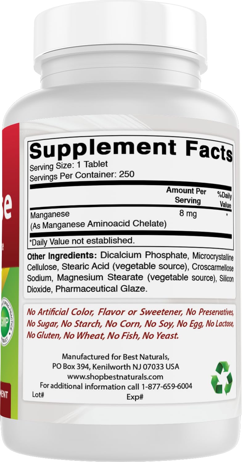 Best Naturals Manganese (Manganese Amino Acid Chelate) 8 mg Tablet, 250 Tablets