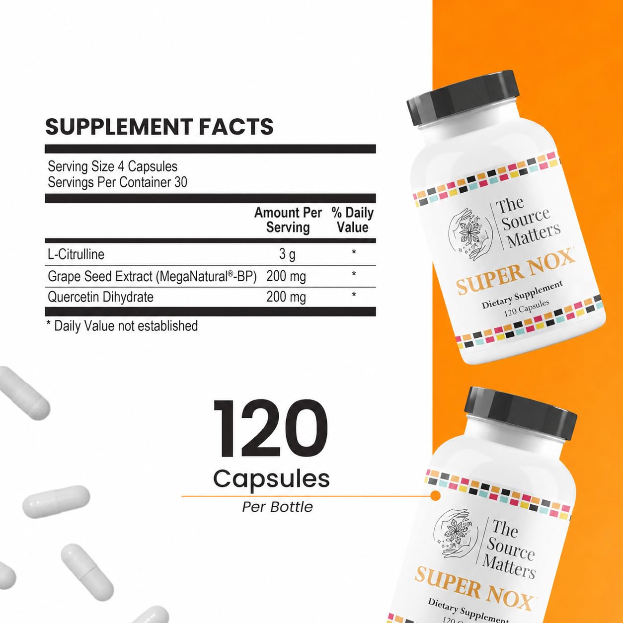 THE SOURCE MATTERS Super NOX Nitric Oxide Supplement with L Citrulline Capsules, 120 Count
