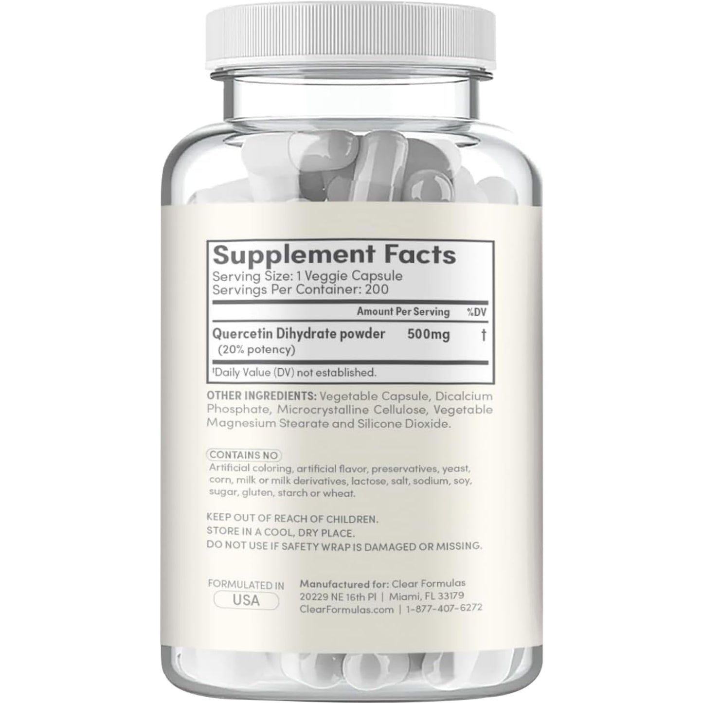 Clear Formulas Quercetin 500mg Capsules, 200 Count