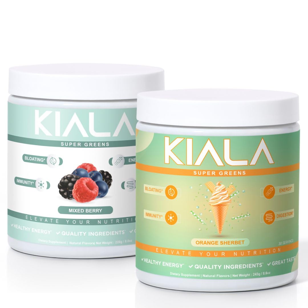 Kiala Nutrition Super Greens Powder with Spirulina & Chlorella, Organic Greens, Sugar & Gluten Free Vegan, Spectra Blend, Mixed Berry & Orange Sherbet, 16.6