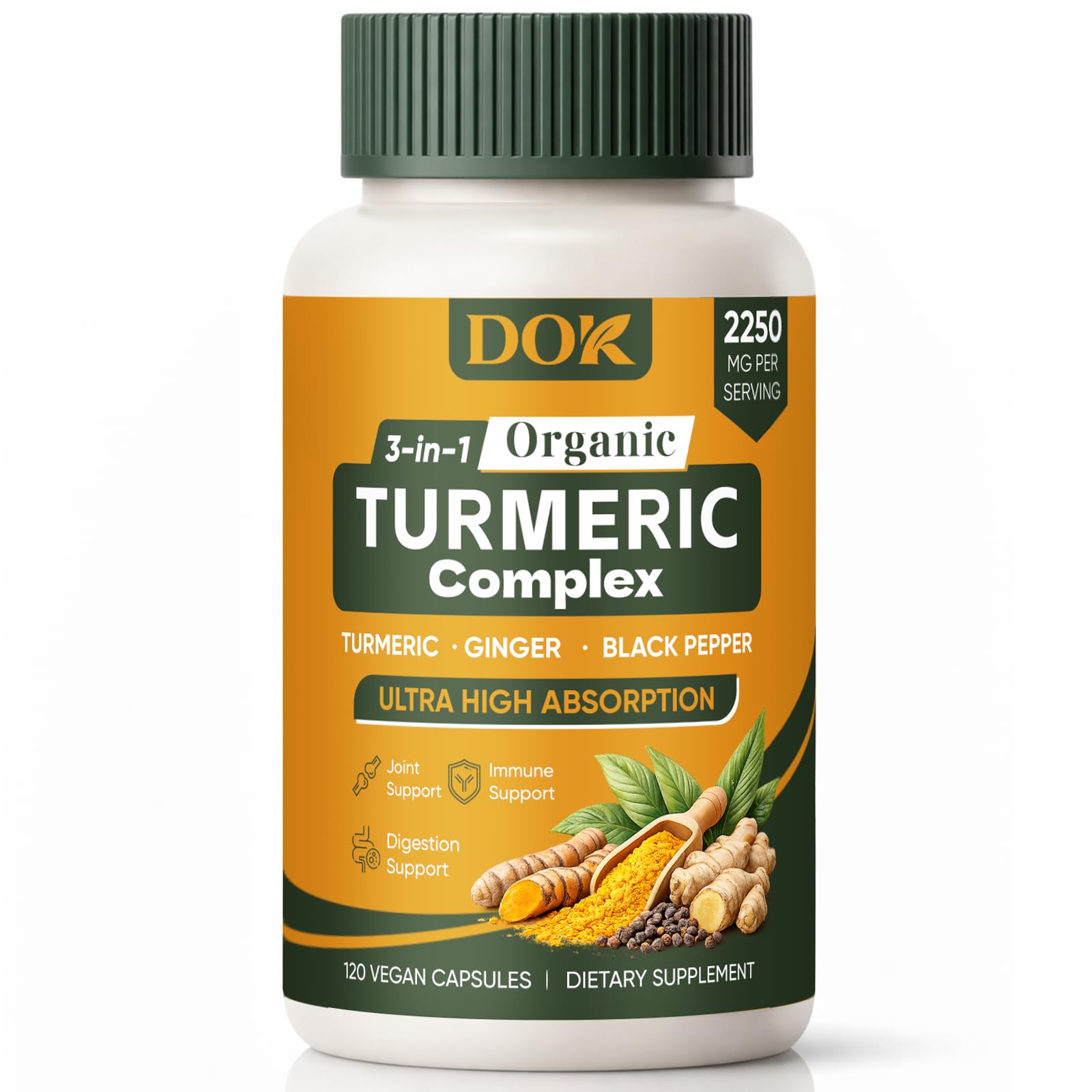 DOK Turmeric Organic 3-in-1 Complex Turmeric Curcumin Supplement with Black Pepper & Ginger 2250mg Daily Support, Vegan, Non-GMO, 120 Capsules