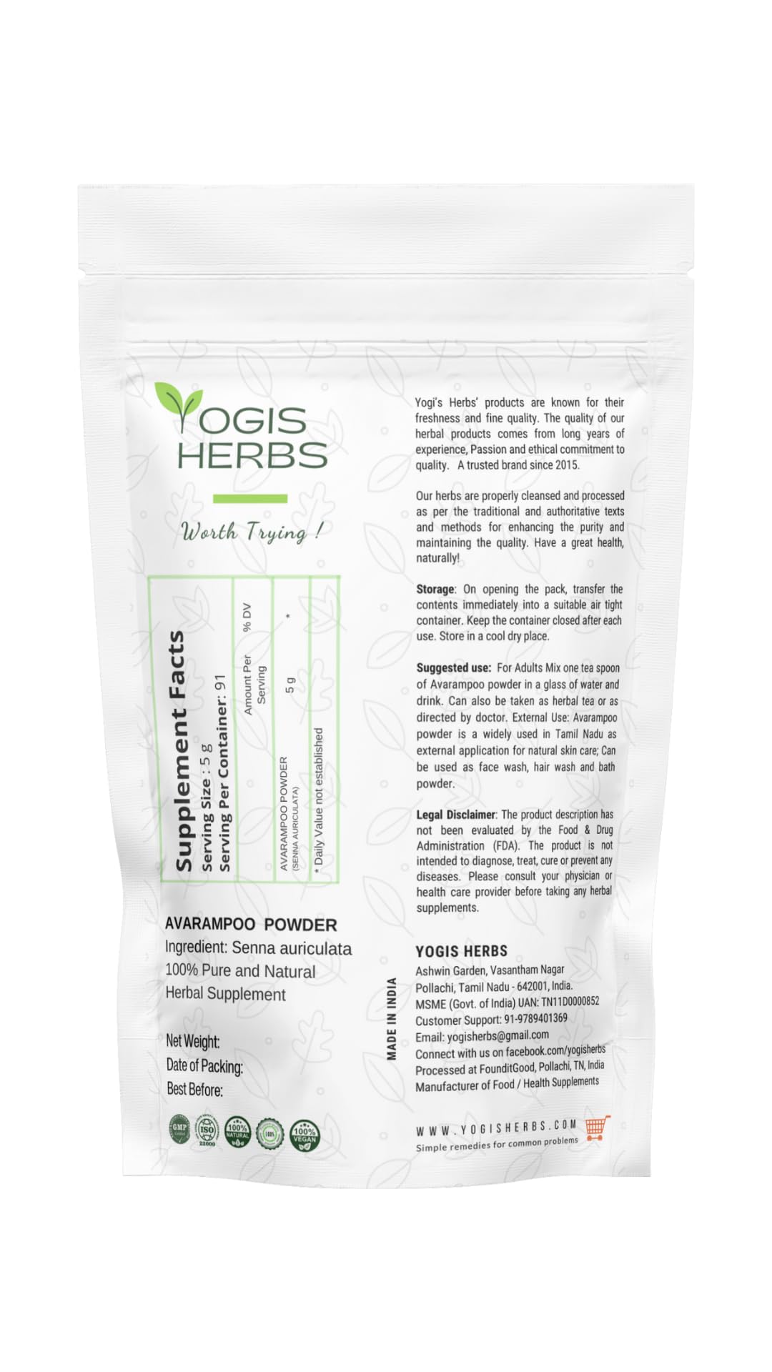 YOGIS HERBS Avarampoo Powder 8 oz