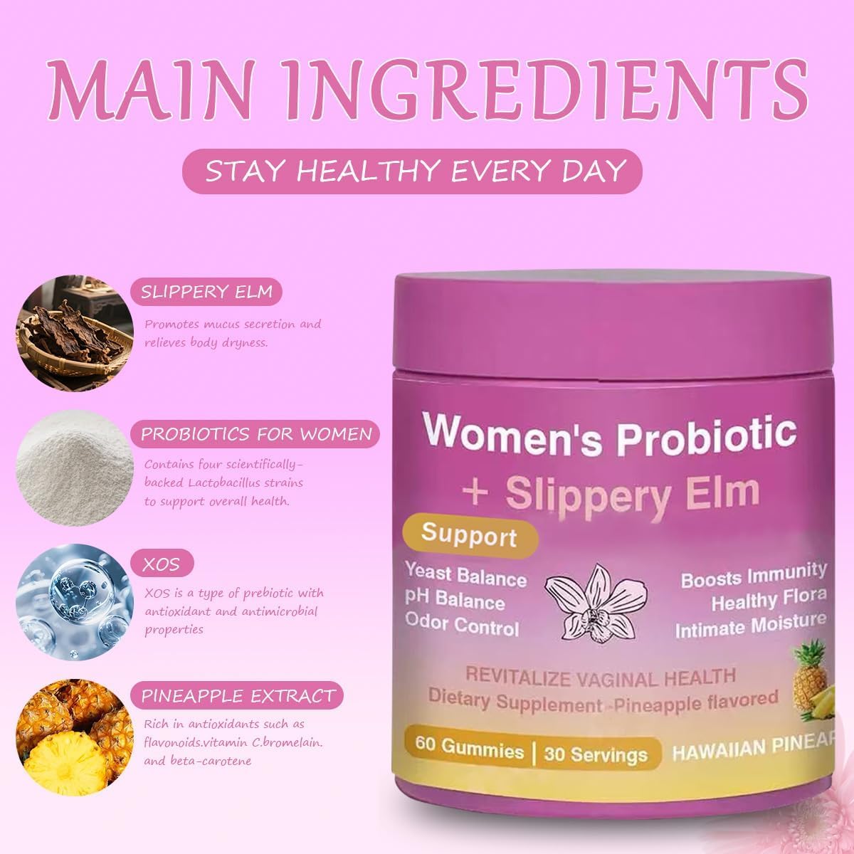 FW ZONE Juicy Feminine Probiotic Gummies for Women - Pineapple Flavor, Slippery Elm, Vegan, Digestive & Immune Support, 6.4 Ounce