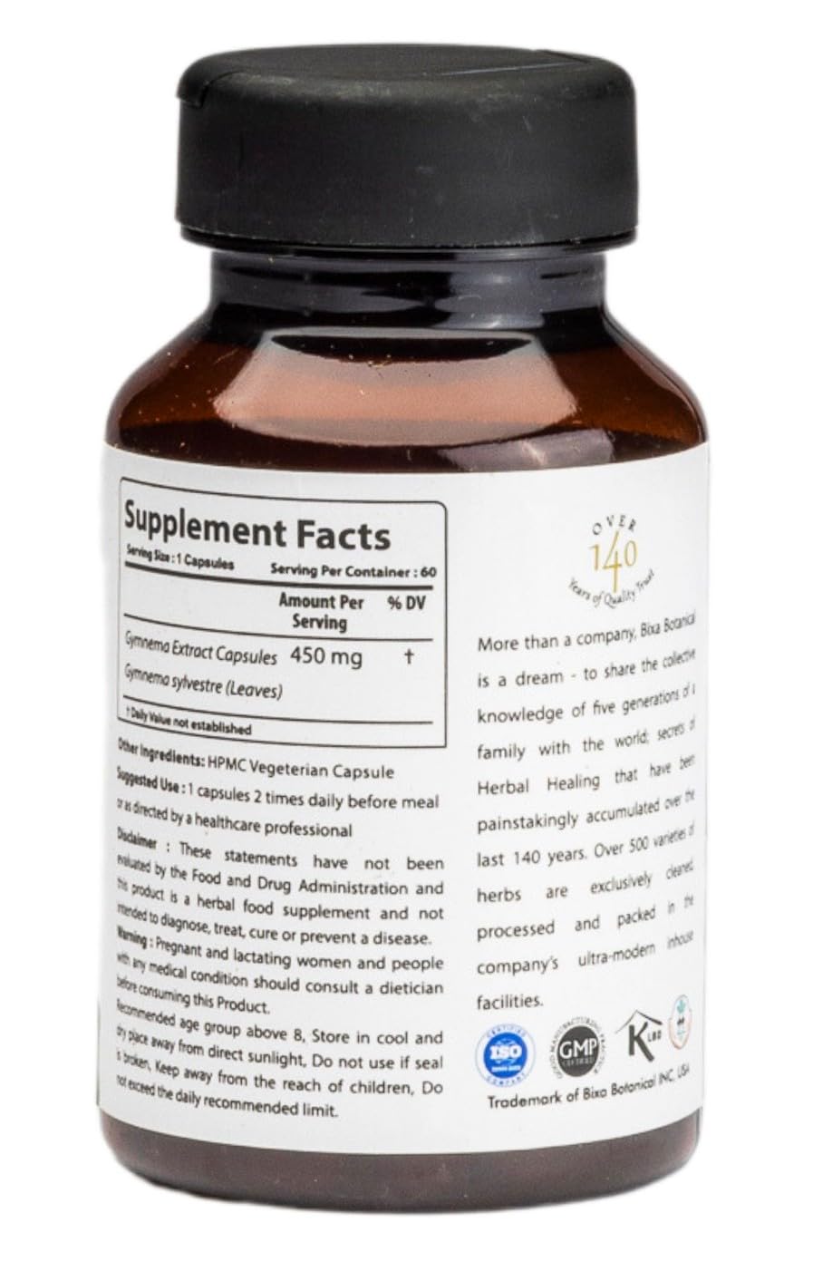 bixa BOTANICAL Gymnema Extract 25% Gymnemic Ayurvedic Natural Herbal Supplement Capsule 60 Count