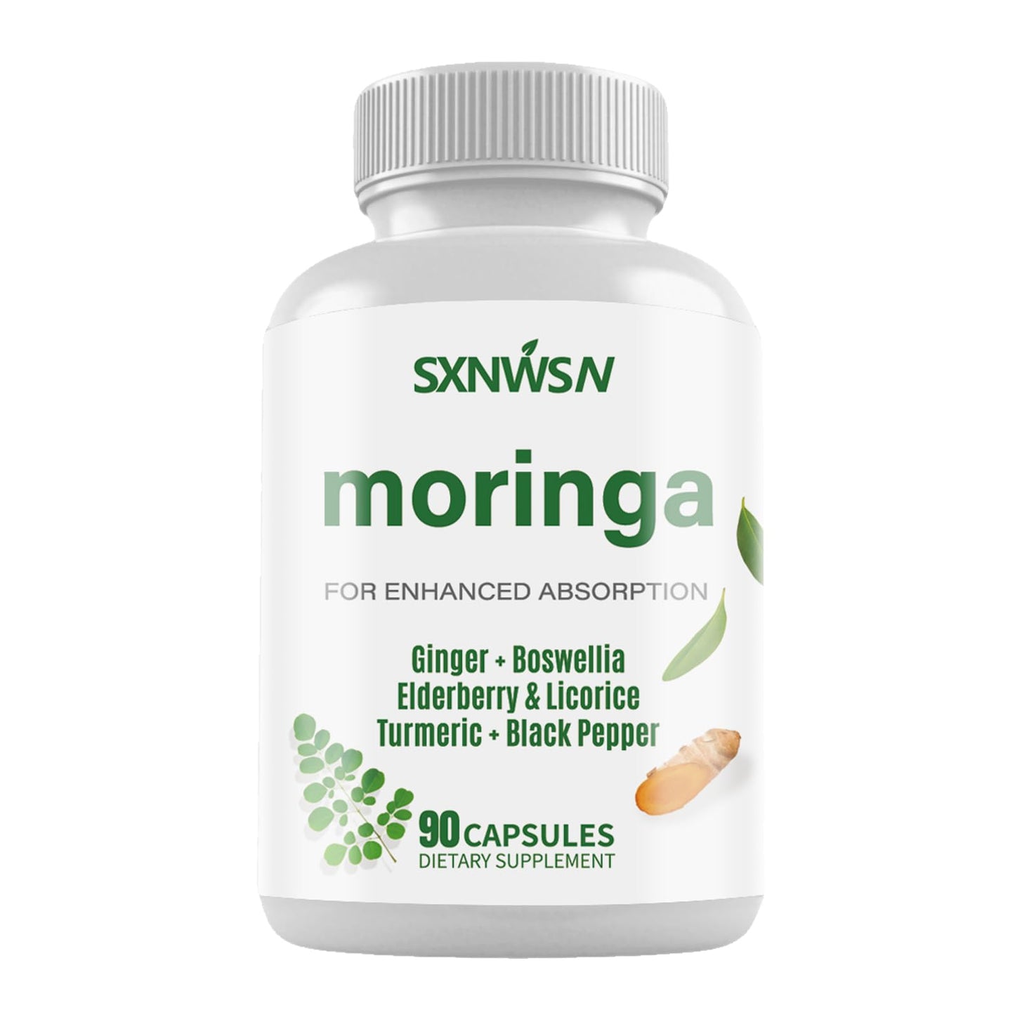 SXNWSN Moringa Capsules 1000mg with Turmeric, Ginger, Elderberry, Licorice & Boswellia, 90 Capsules