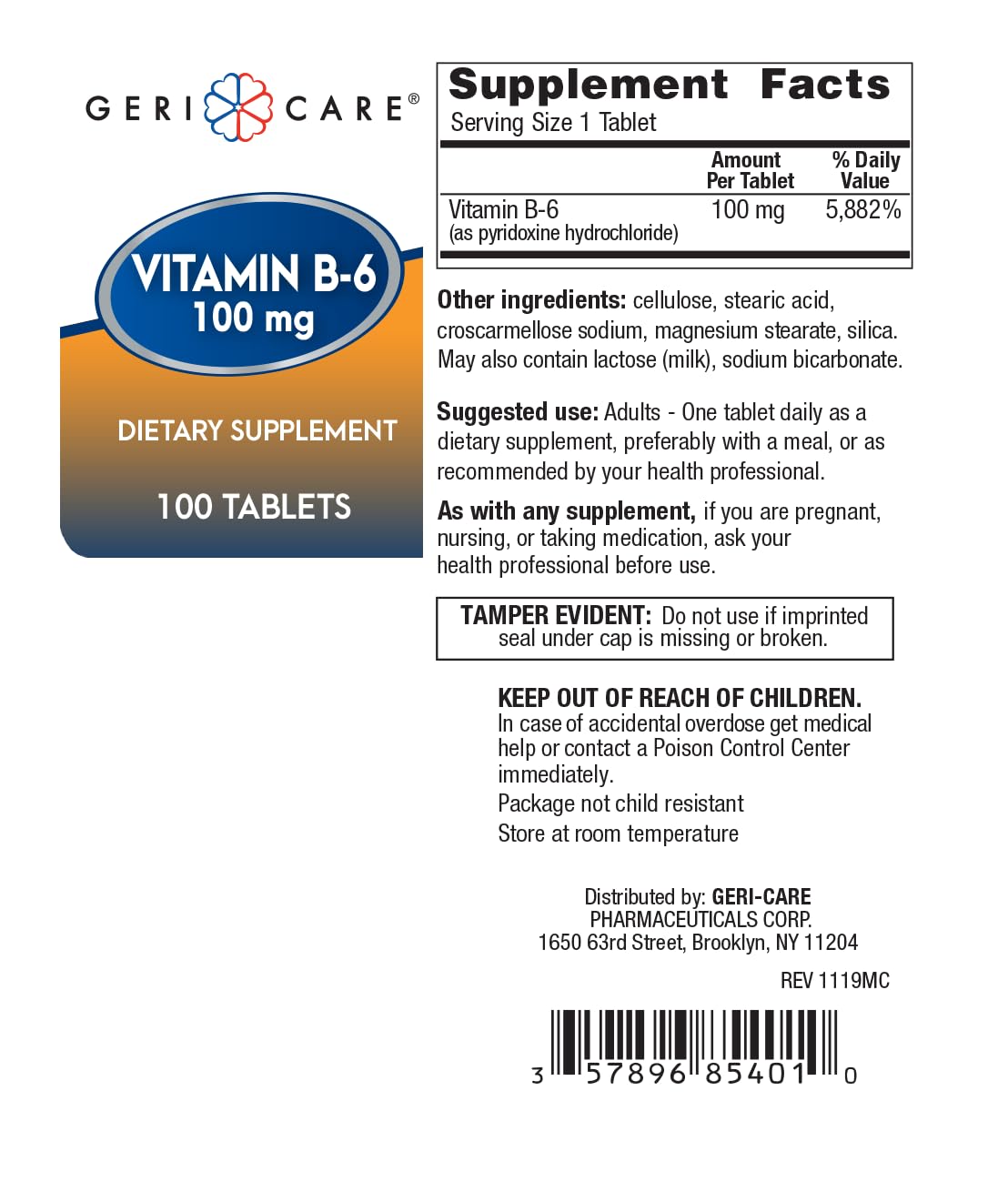 GeriCare Vitamin B-6 100mg Tablet, 100 Tablets