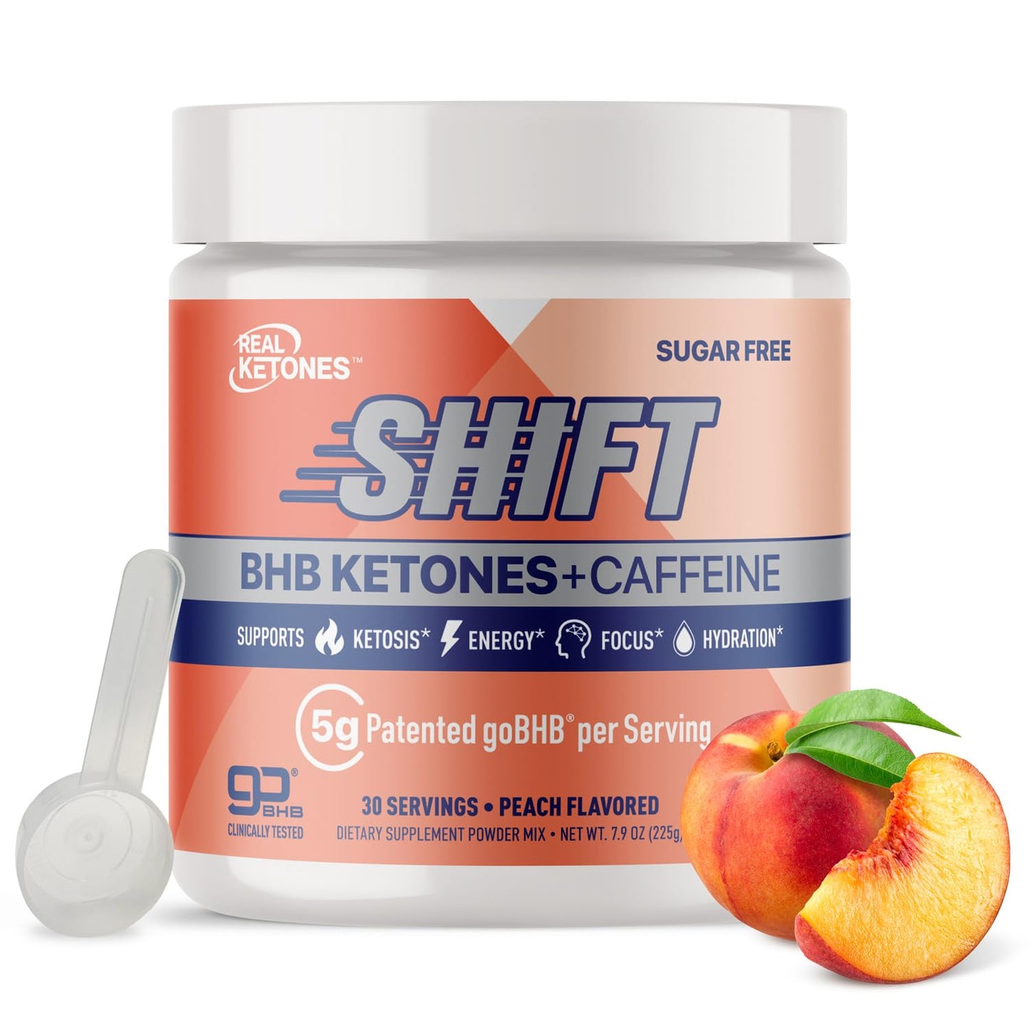 Real Ketones BHB Exogenous Ketones Energy Powder Sugar Free Electrolyte Powder with 4 Main Fasting Electrolytes & Hydrating Patented BHB Ketones for Energy & Focus Peach, 7.9 oz