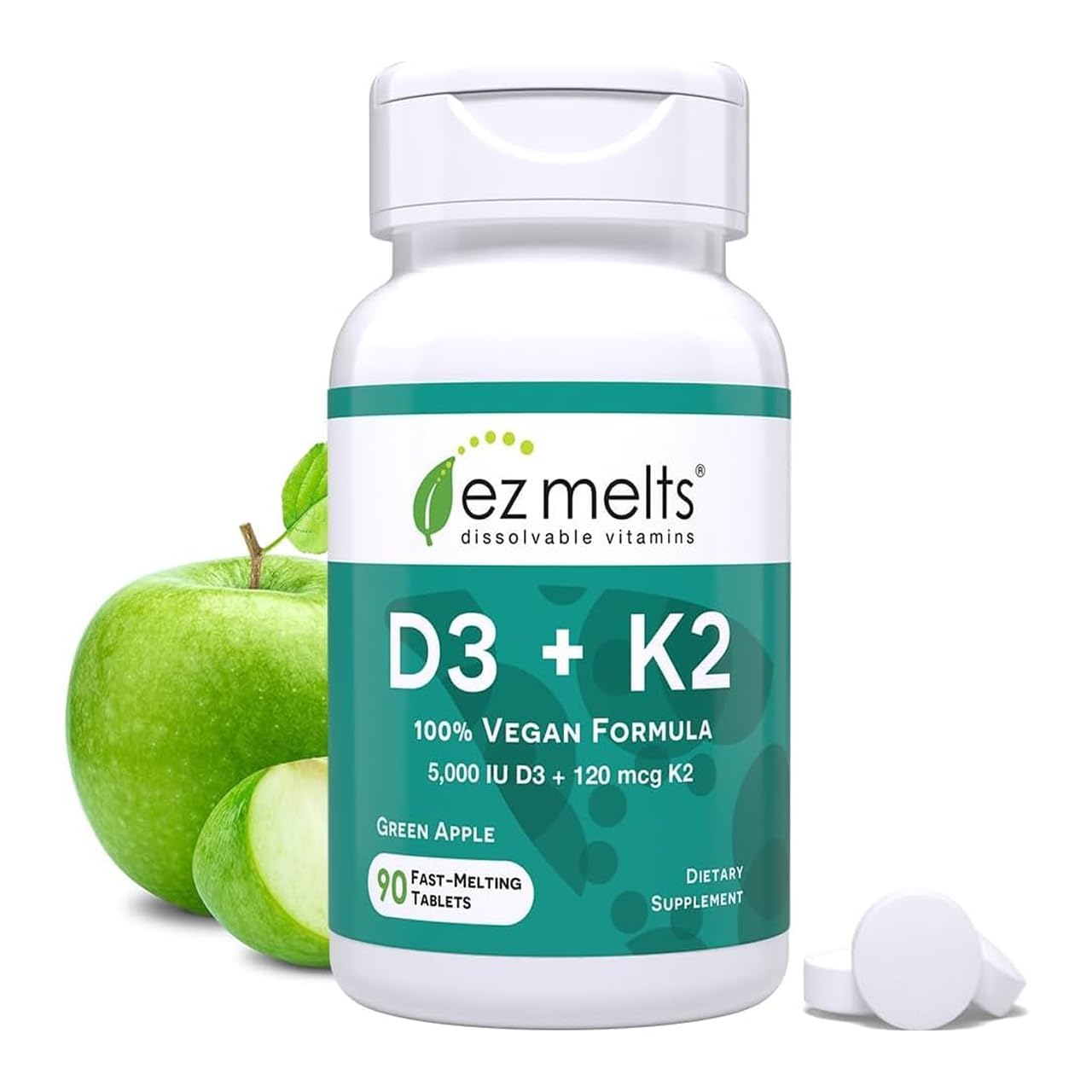 EZ Melts Vitamin D3 + K2 5,000 IU Dissolvable Vegan Tablets, 90 Count
