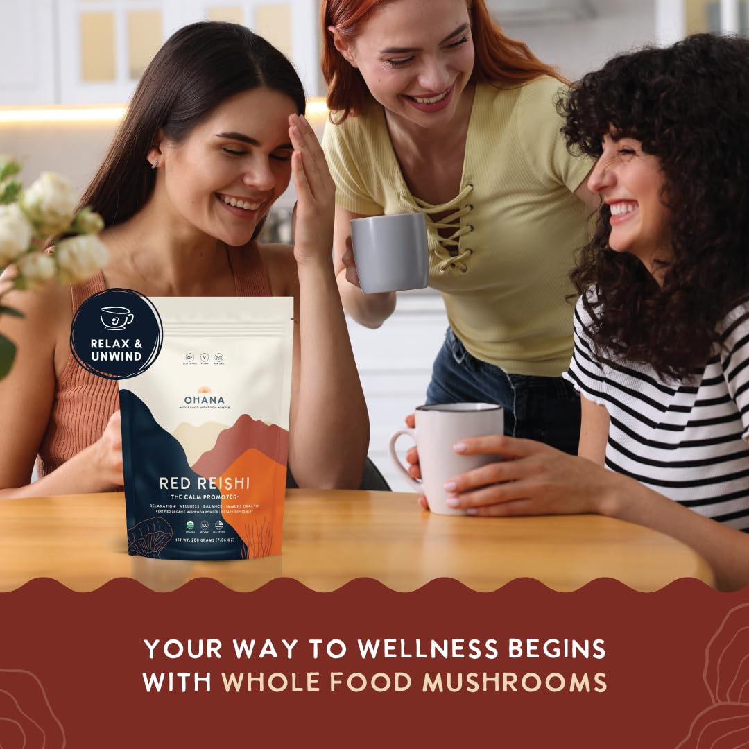 Ohana Mushrooms Red Reishi Organic Mushrooms Powder Blend Whole Food Mushroom Supplement, Powder, 7.05 oz