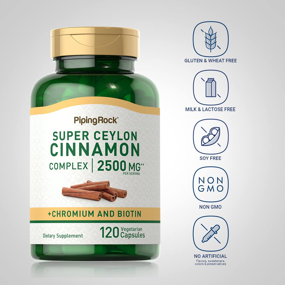 Piping Rock Ceylon Cinnamon Capsules 2500 mg | 120 Pills | Complex Supplement with Chromium and Biotin | Vegetarian, Non-GMO, Gluten Free (Pack of 2)