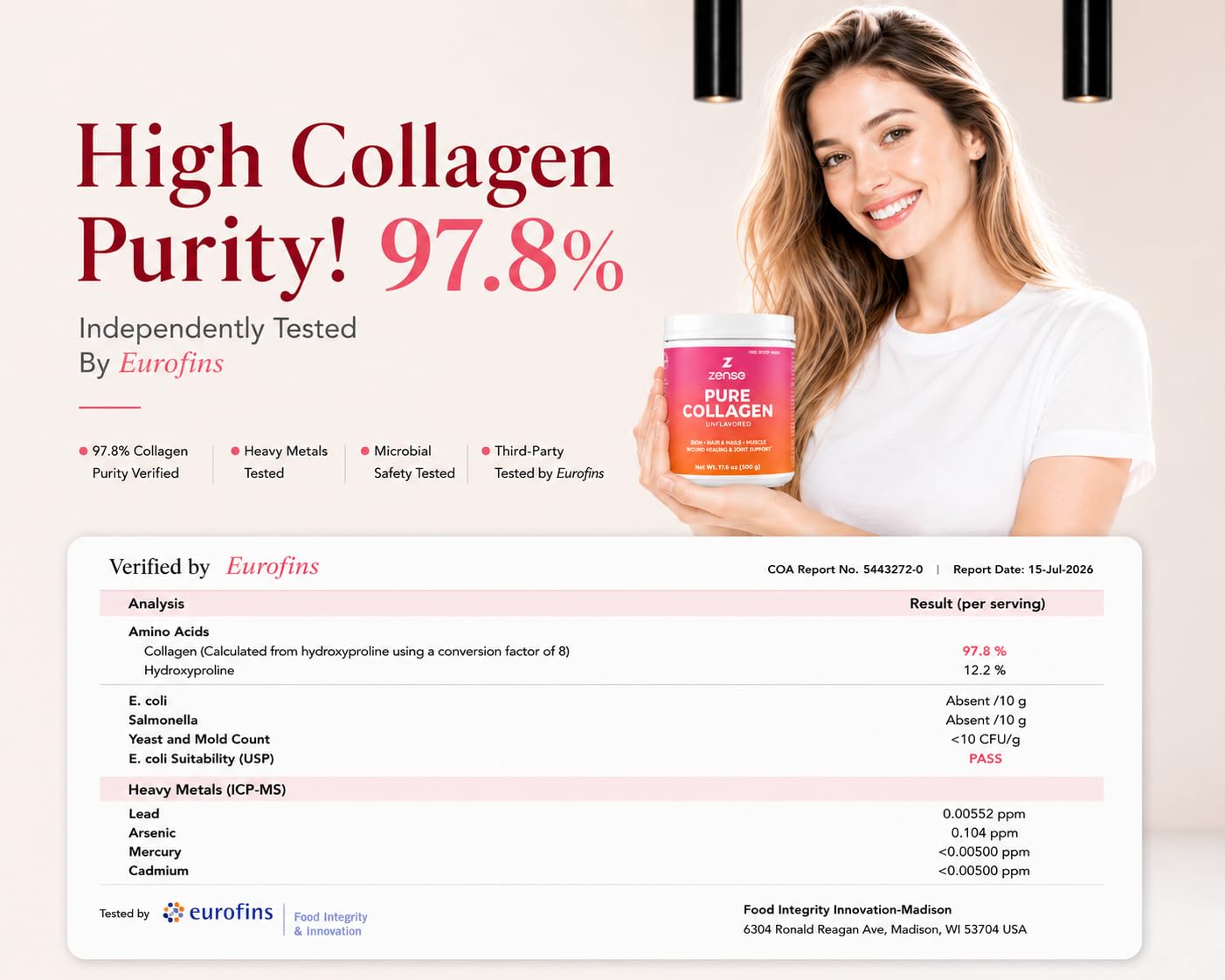 ZENSE Hydrolyzed Collagen Powder Type I & III Bovine Collagen Peptides, 8.5 oz