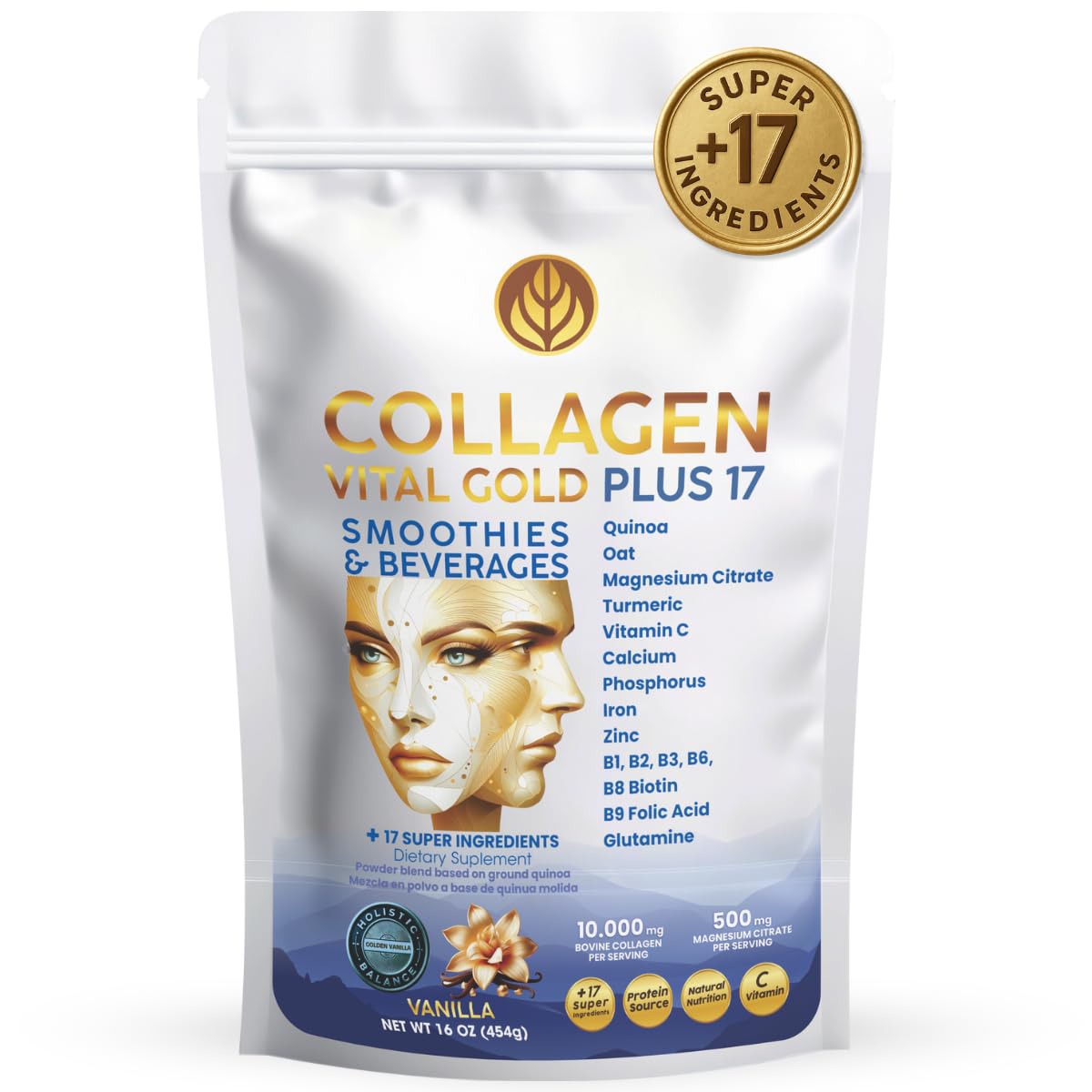 Gold Vital Life Collagen Peptides Powder - Hydrolyzed Collagen with +17 Super Ingredients, Vanilla Flavor, 16 oz
