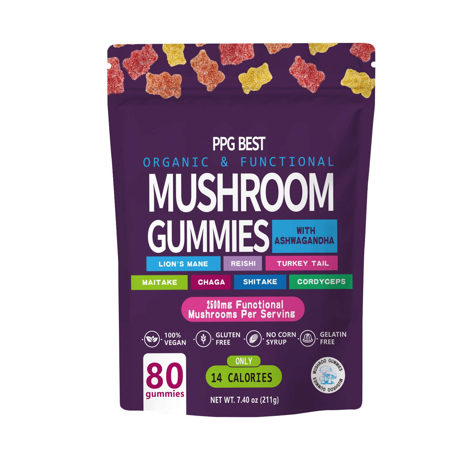 PPG BEST Organic & Functional Mushroom Gummies with Ashwagandha, Reishi, Turkey Tail, Maitake, Shiitake, Chaga, Cordyceps 1 Count