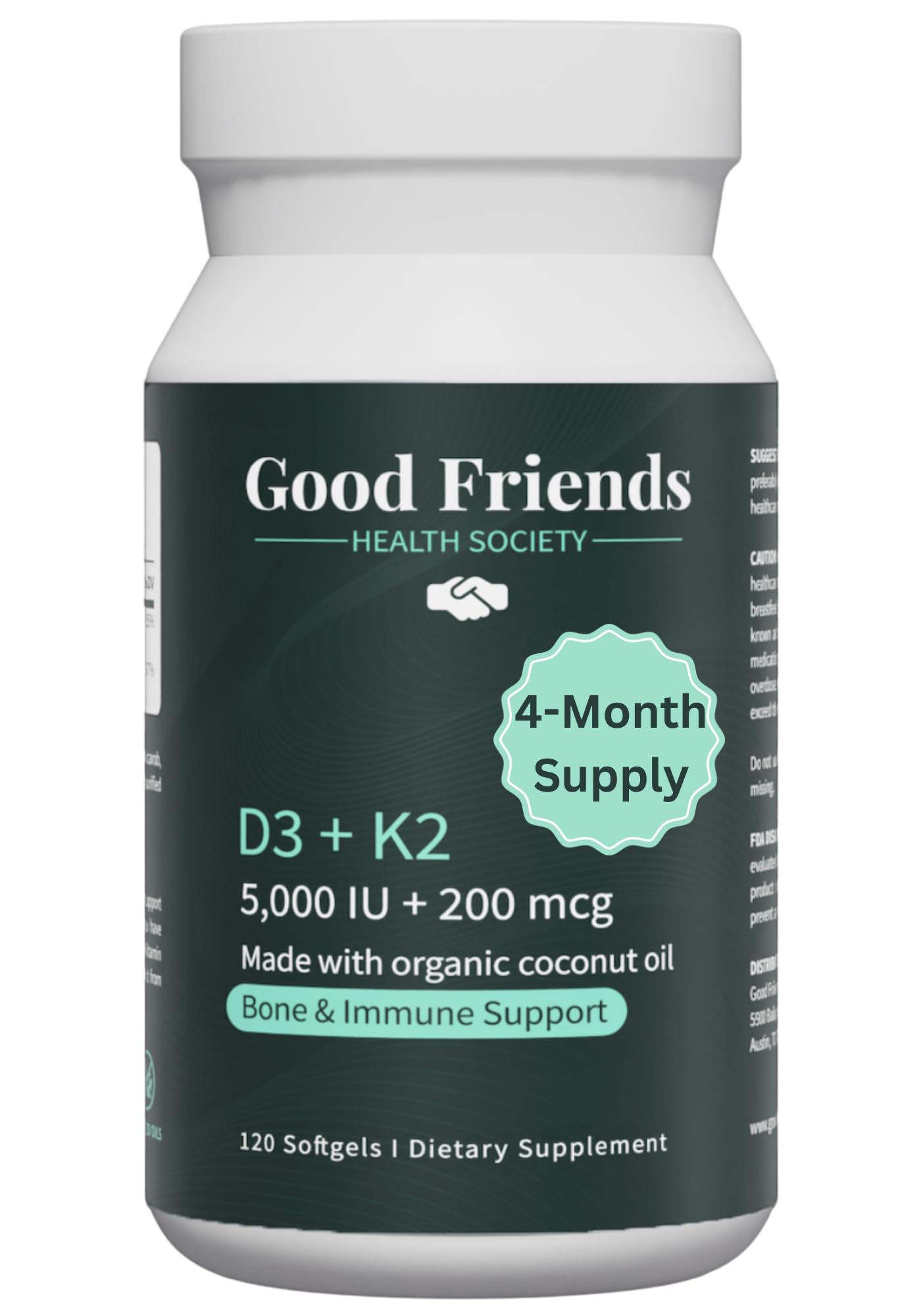 Good Friends Health Society Vitamin D3 5000 IU + Vitamin K2 200 mcg Softgels, 120 Count