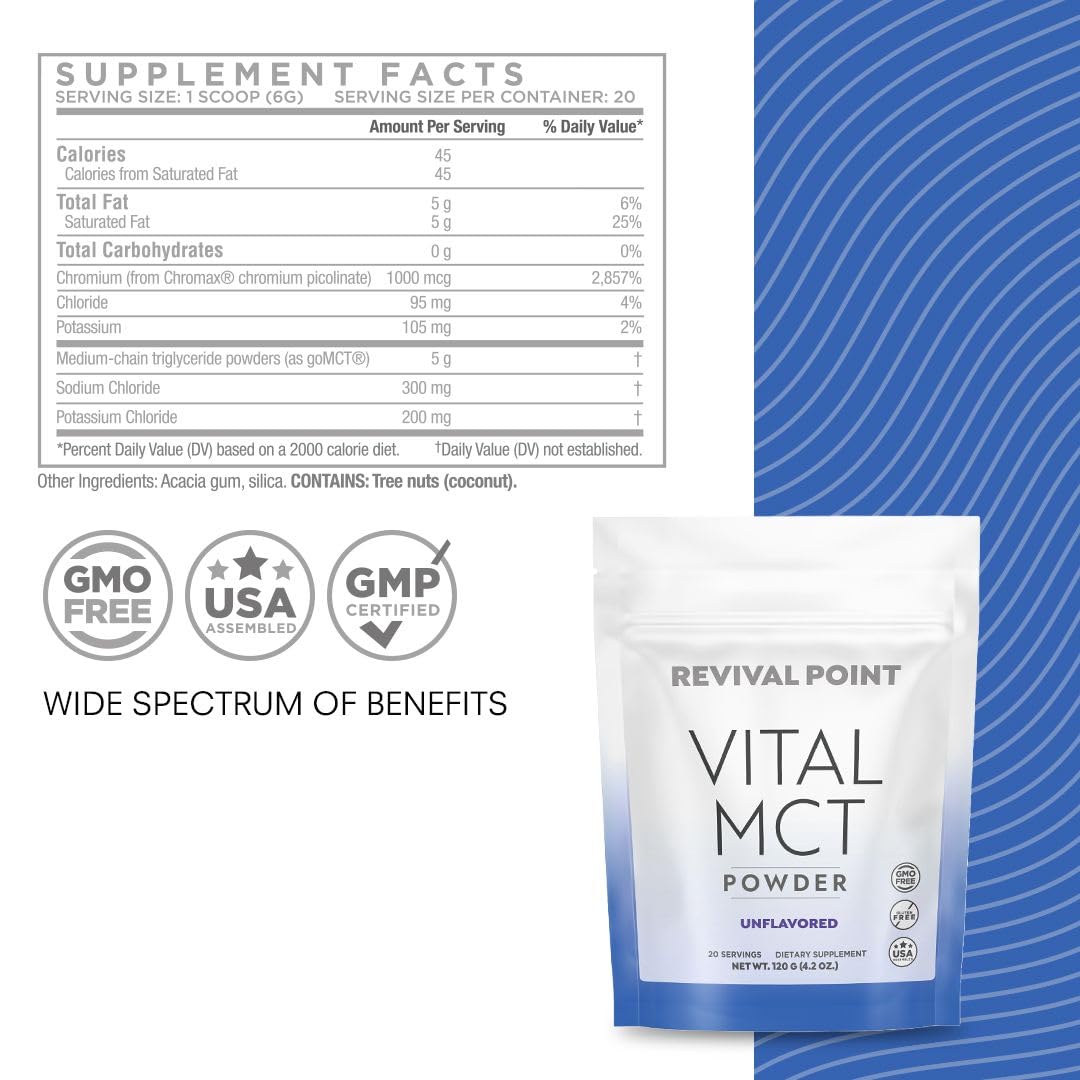 Revival Point Premium Unflavored MCT Oil Powder with Keto Electrolytes, 20 Servings