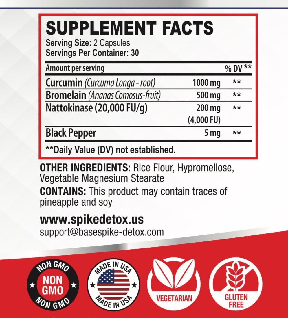 Spike Protein Detox 3-in-1 Nattokinase 4000 FU, Bromelain 500mg, Curcumin 1000mg, 60 Capsules