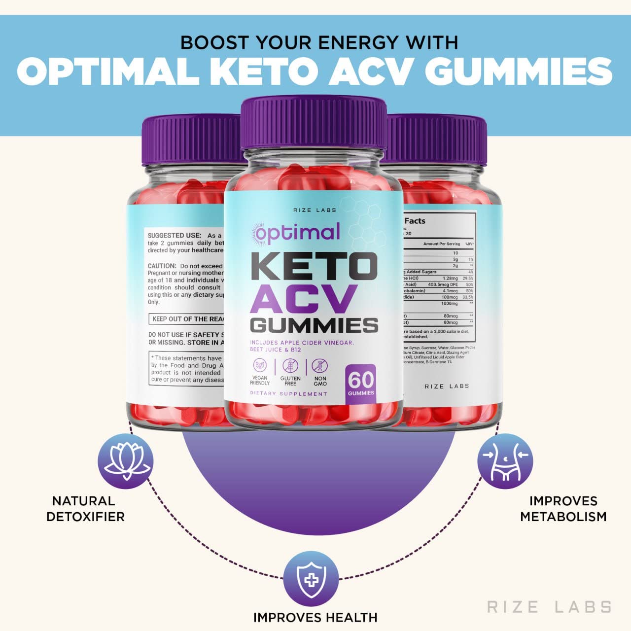 Rize Labs Optimal Keto ACV Gummies with Apple Cider Vinegar, Advanced Weight Loss Formula, Gluten Free and Non-GMO Supplement, Helps in Reducing Belly Fat, 180 Gummies